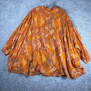 Free People Orange Floral Print Banded Collar Long Sleeve Tunic Top Women M